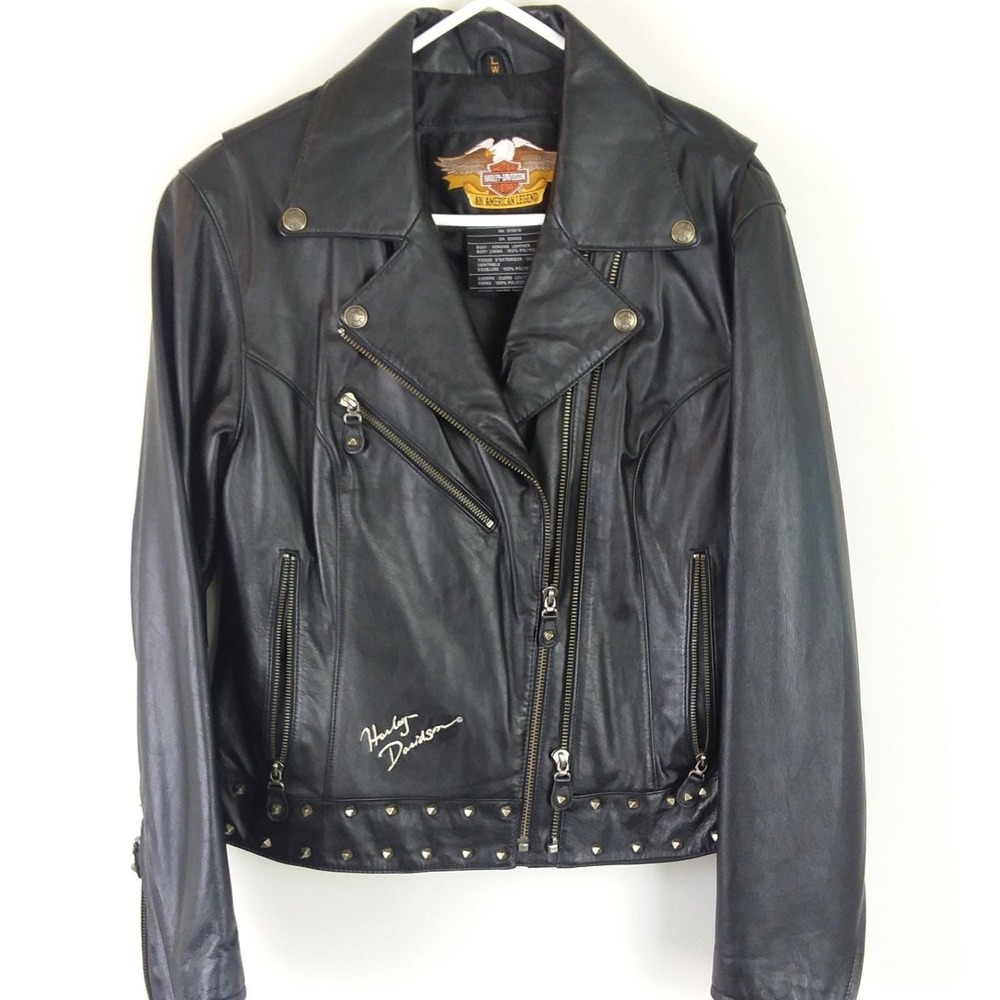 VTG Harley Davidson Womens L Leather‎ Wing Motorcycle Jacket Studded Black Biker